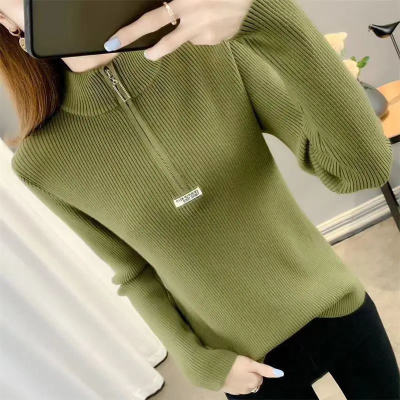 Autumn and Winter Women's Solid Color Half High Neck Long Sleeve Knitted Pullover Zipper Loose Plus Size Fashion Casual Tops