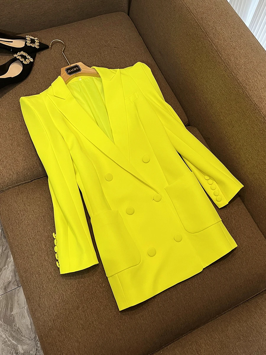 

Faionable oulder-Pad Double-Breasted Midi Suit Jaet in Fluorescent Yellow Commute Sle Long-Sve Classic Collar Coat