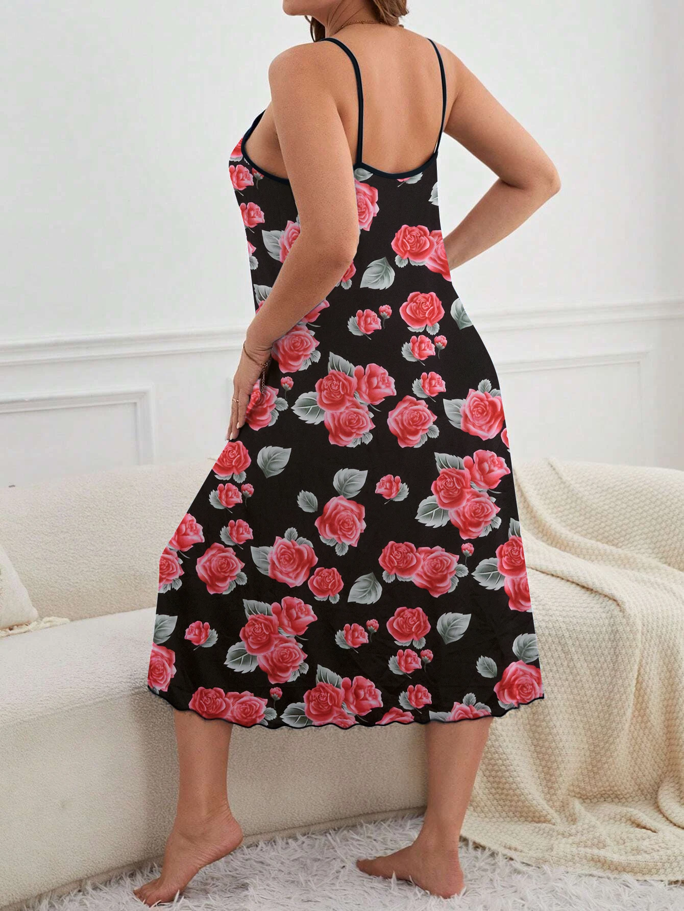 Large size women\'s pajamas home clothing elegant floral print suspender long pajama dress