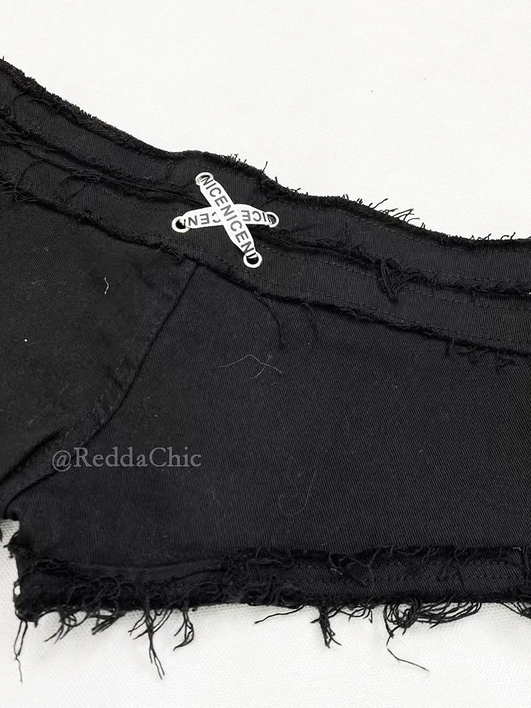 REDDACHiC Low Waist Buttoned Denim Shorts Hot Summer Ribbon Decor Black Stitching Raw Edge Casual Bootypants Acubi Women Clothes