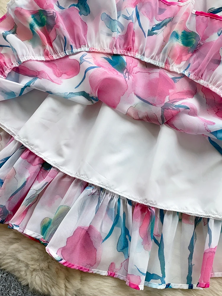 Vestido de primavera y verano para mujer, estilo de vacaciones en la playa, cuello en V, estampado Floral, mangas acampanadas, botón, hongo, mini vestidos cortos DS265