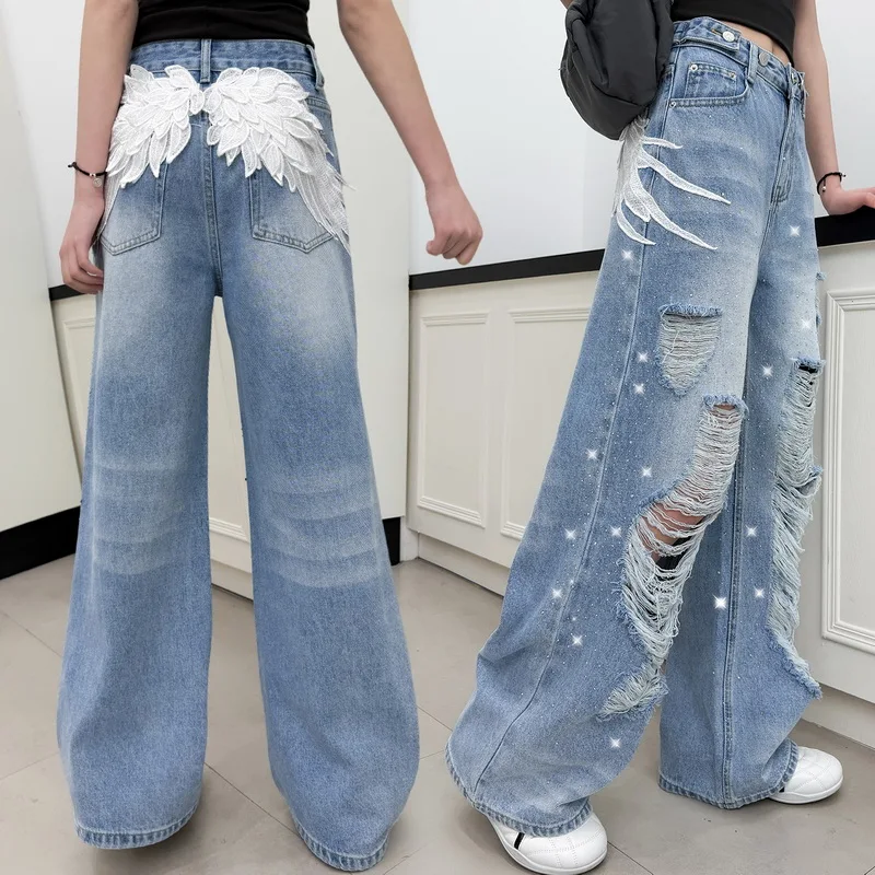 

Teen Girls Ripped Jeans with Angel Wings Design Children's Straight-Leg Casual Denim Pants Spring Summer Kids Loose Fit Trousers