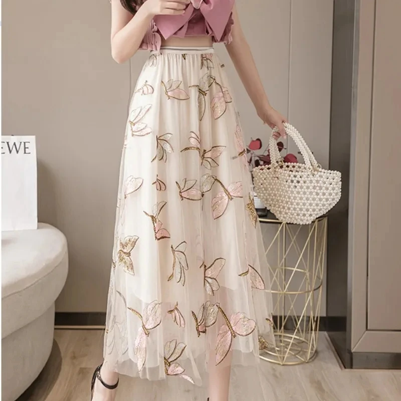 Embroidery Vintage Tulle Skirts Women 2023 Elegant Fashion High Waist Faldas Ajustadas Korean Casual A Line Mid Length Skirt Y2k