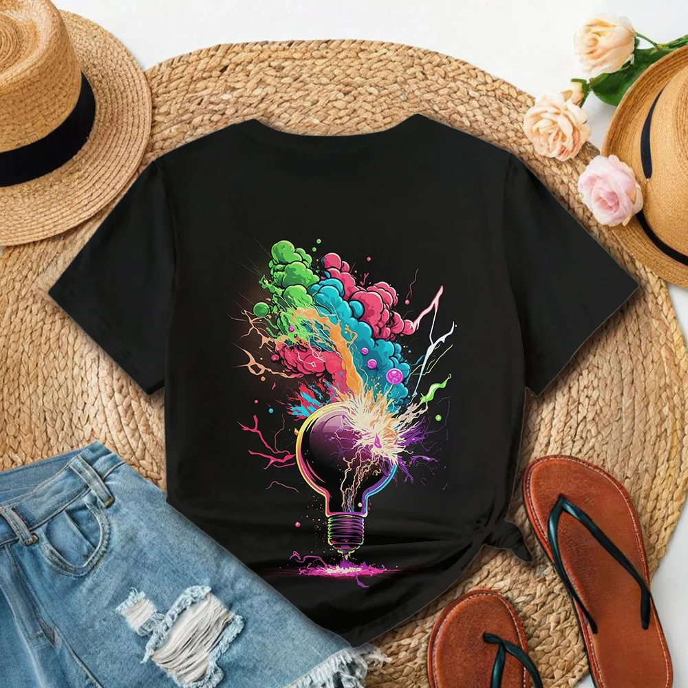 เสื้อยืดพิมพ์ลายระเบิดหลอดไฟนามธรรมสีสันสดใสของผู้หญิงฤดูร้อนสไตล์ลำลองแฟชั่นคอกลมแขนสั้น Y2k เสื้อ