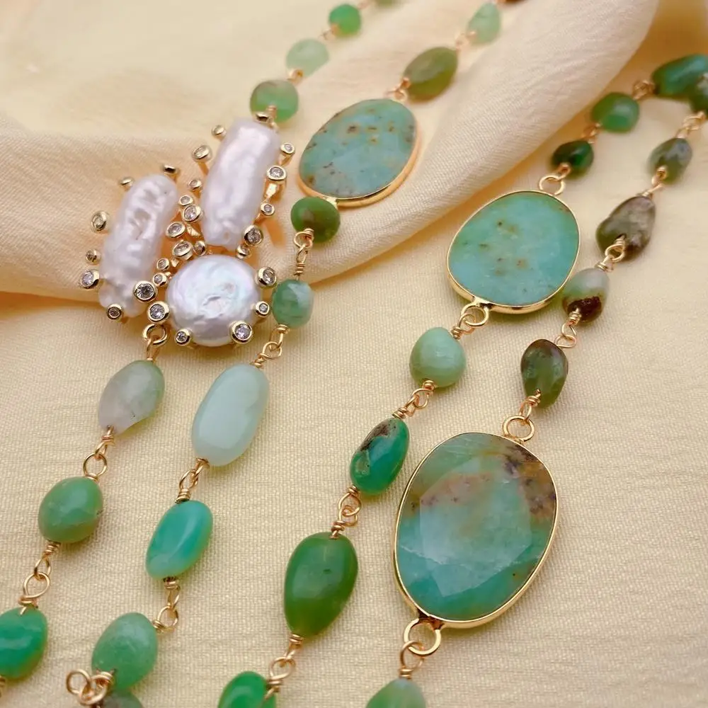 

Y·YING Natural Green Chrysoprase Cultured Biwa Pearl Long Necklace Gemstone Jewelry