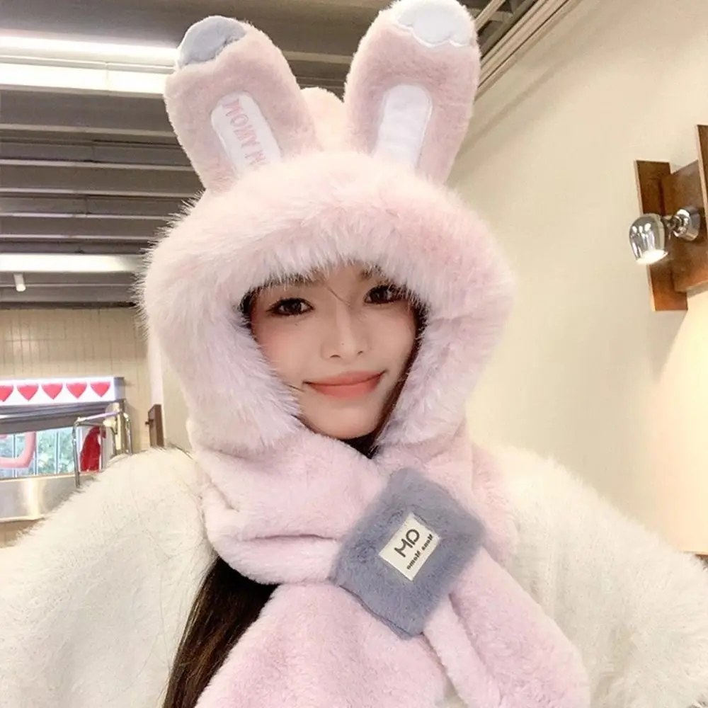 หมวกป้องกันหูแบบสบายๆ ลายกระต่าย หมวกไหมพรมหนาสำหรับฤดูหนาว ผ้าพันคอแบบหมวกน่ารักลายการ์ตูน หมวกบีนนี่สำหรับฤดูหนาว เหมาะสำหรับปั่นจักรยาน