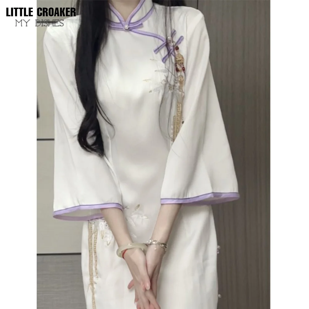 2023 Spring New Baiteng Purple Improved Edition Inverted Long Sleeve Qipao White Long Dress Temperament Women Show Slim Weight