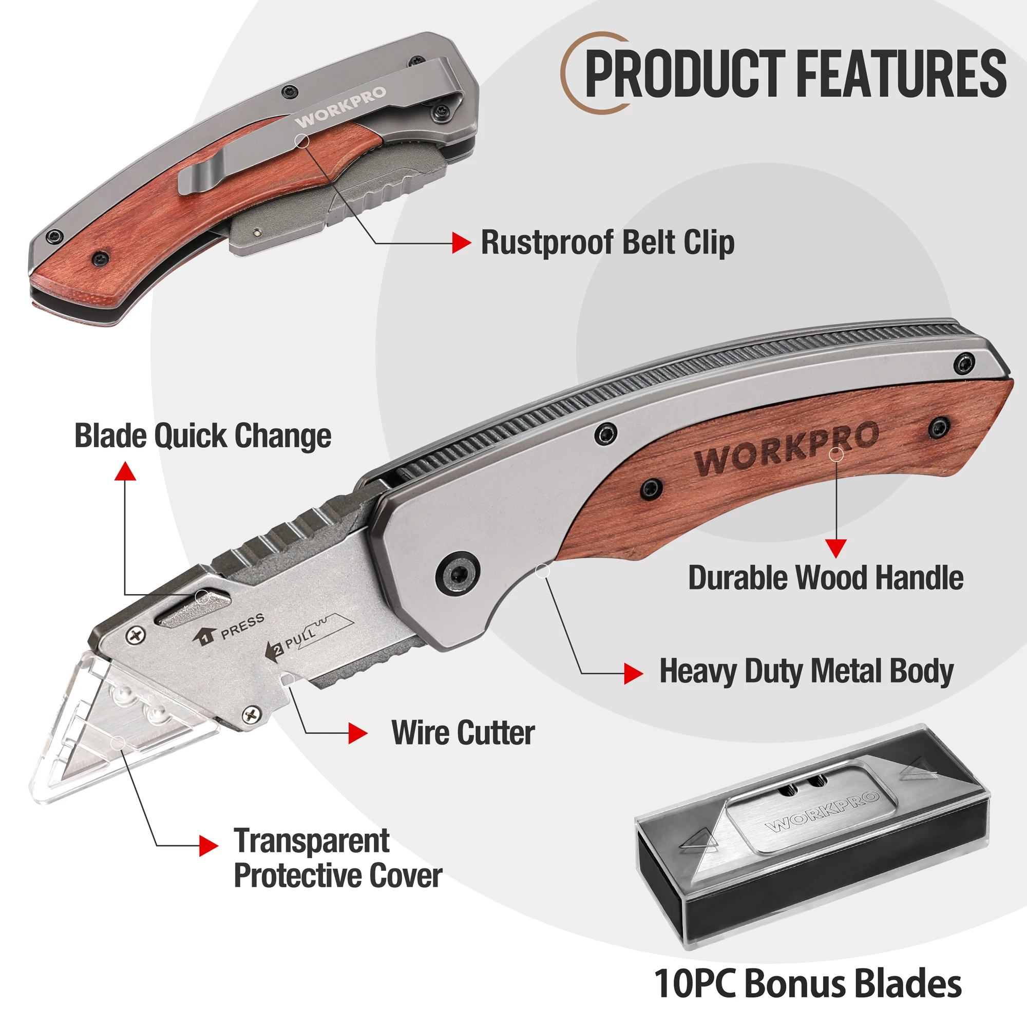 WORKPRO-cuchillo plegable reemplazable para cajas de cartón, cortador con mango, herramienta para exteriores, 10 cuchillas de piezas