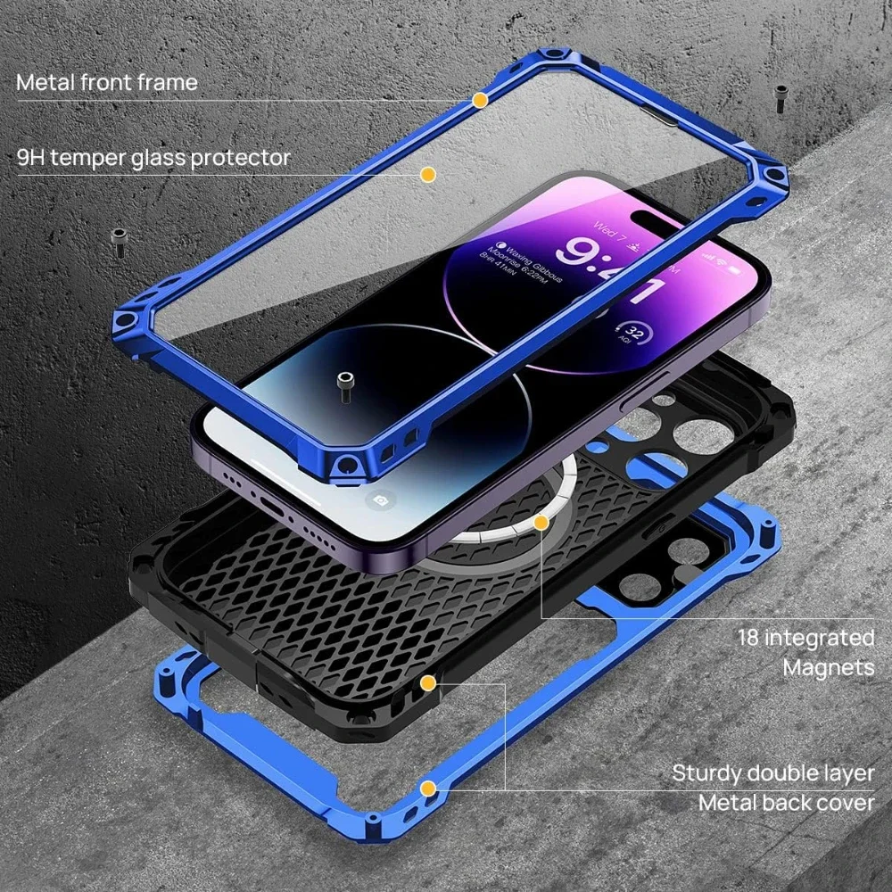 Heavy-duty rugged metal shock-proof case for iPhone 14 Pro Max 14 Magsafe cover camera holder tempered glass screen protector