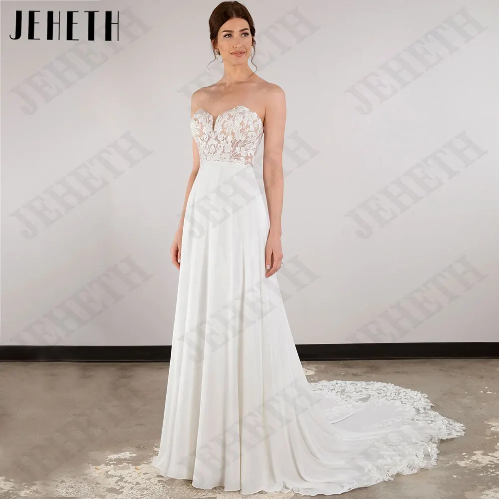 JEHETH Strapless A Line Chiffon Vestidos De Casamento Boho Sem Mangas Backless Noiva Vestidos Apliques Custom Made vestidos para mujerJEHETH Strapless A Line Chiffon Vestidos De Casamento Boho Sem Mangas Backless Noiva