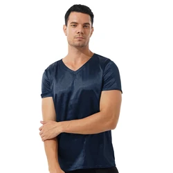 Men Male V Neck Short Sleeve Satin Casual T-Shirt Loose Pajamas Tops Tees Solid Color T Shirt Loungewear Sleepwear Nightwear