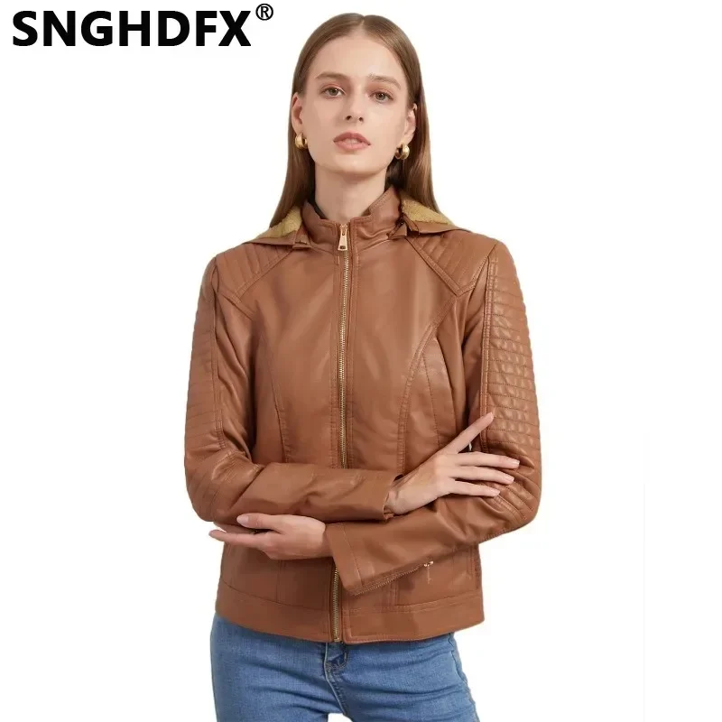 

SNGHDFX Women's Thicken Hooded Jackets Fleece Warm Leather Coats Female Clothing with Side Pocket 2024 New Spring Autumn Winter