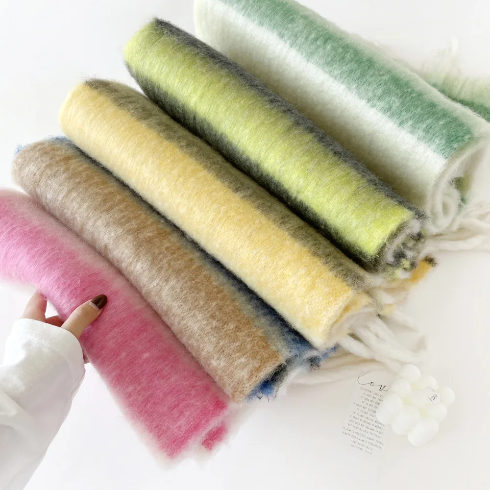Cross-border solid color plaid scarf mohair scarf thickened warm versatile shawl fluffy big wool scarf