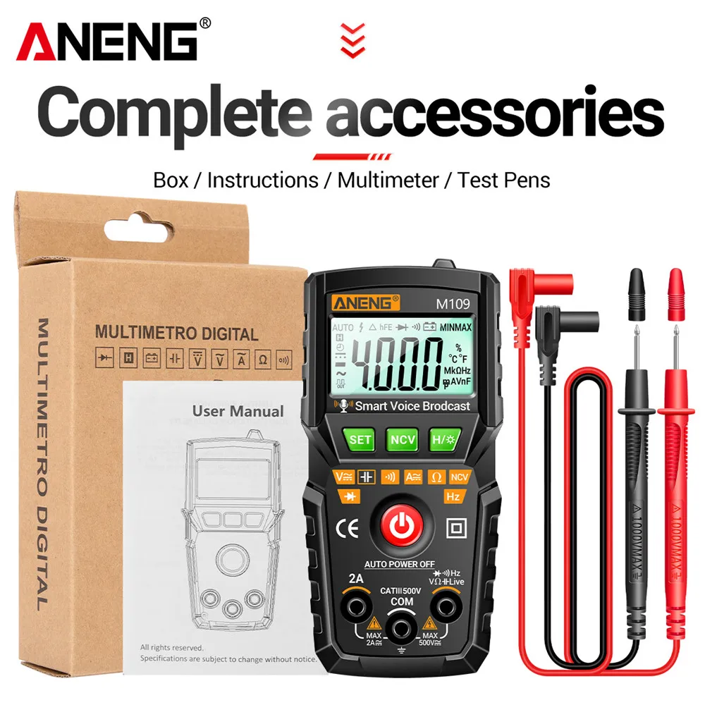

ANENG M109 Smart Voice Broadcast Multimeter 4000 Counts AC DC Voltage Current Capacitance Tester Professional Electrician Tools