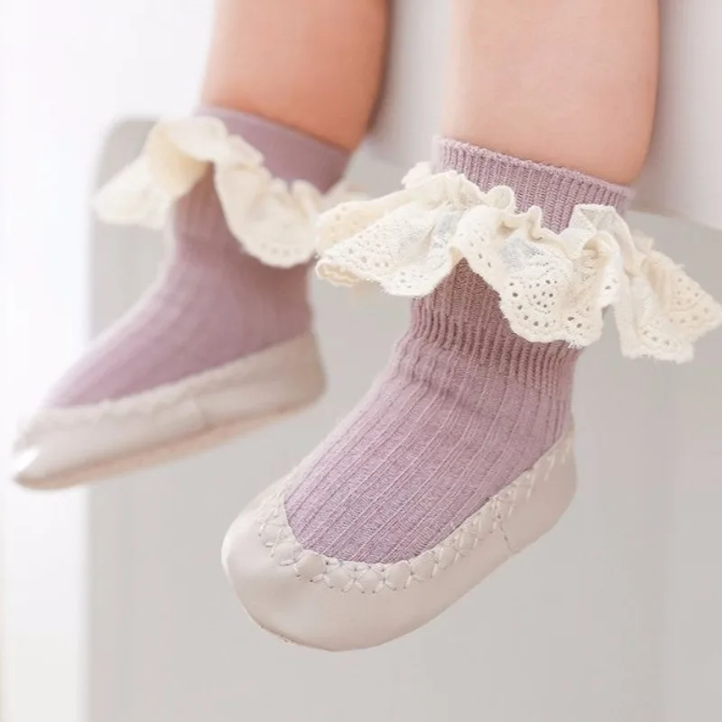 

Girl Baby Indoor Non Slip Soft Sole Floor Socks with Lace Autumn Winter Pure Cotton Learning To Walk Socks for Toddler Girls​