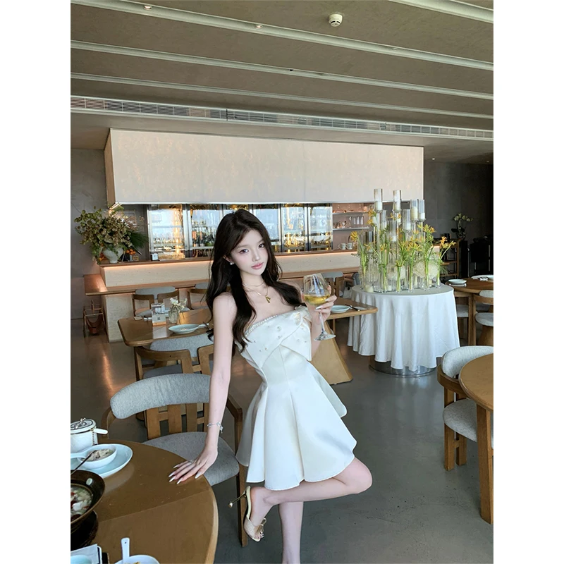 Elegancka sukienka mini z dekoltem typu slash, damska, na imprezę, studniówkę, urocza, z kokardą, zdobiona koralikami, letnia, koreańska moda, dopasowana, w kształcie litery A, vestidos, nowa.