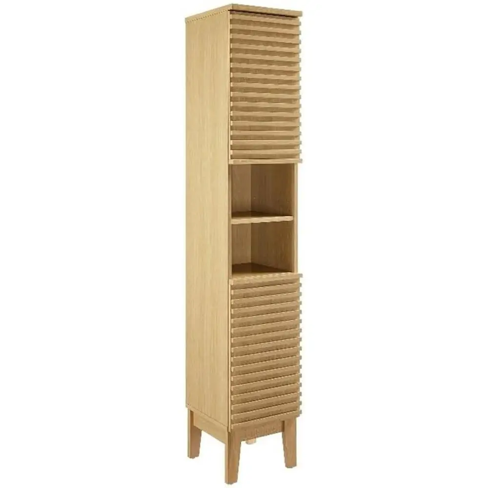 Tall Narrow Bathroom Storage Cabinet Freestanding Linen Tower with Open Shelves Soft Close Doors Adjustable Shelving Modern