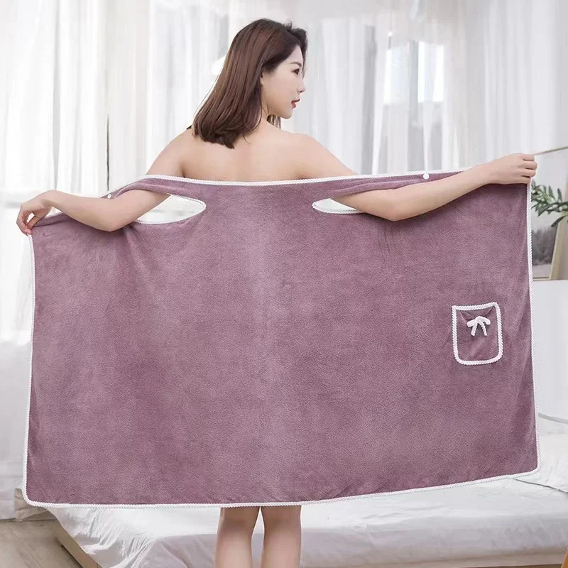 Coral Fleece Bath Towel Wrap, 80x135cm Absorbent Thickened Wearable Shower, Cape Dress for Women Adults, Bathroom Home Spa Robe