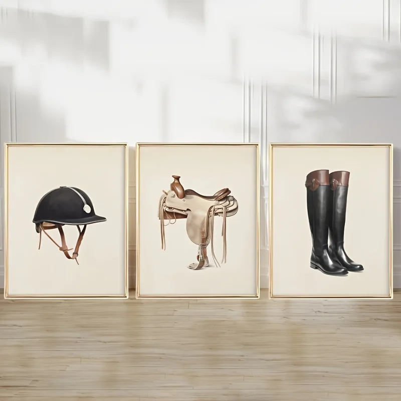 （3PCS NOFrame）-3pcs Frameless Vintage Equestrian Canvas Wall Art Prints - Horse Riding Gear Decor with Helmet, Saddle & Boots