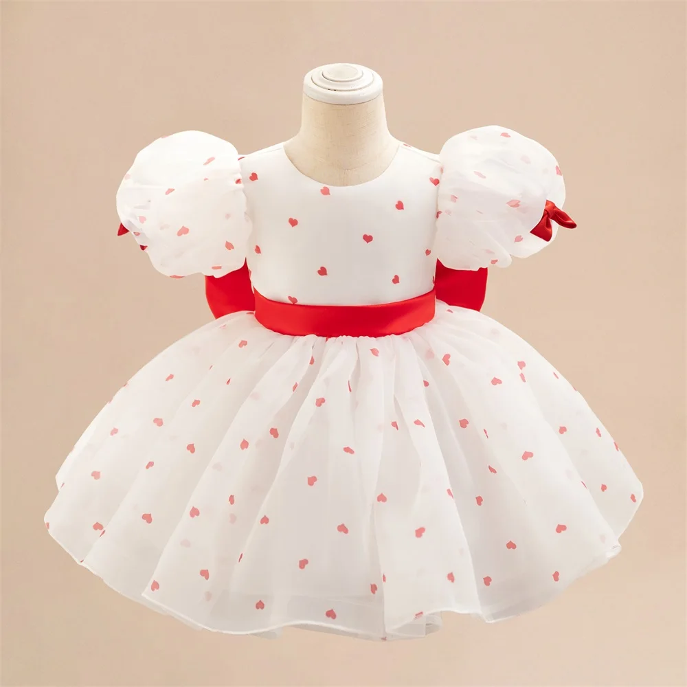 Baby White Baptism Party Dress for Kids Fairy Love Printed Bow Puff Sleeve Gown Elegant 1st Birthday Wedding Prom Girls Dresses