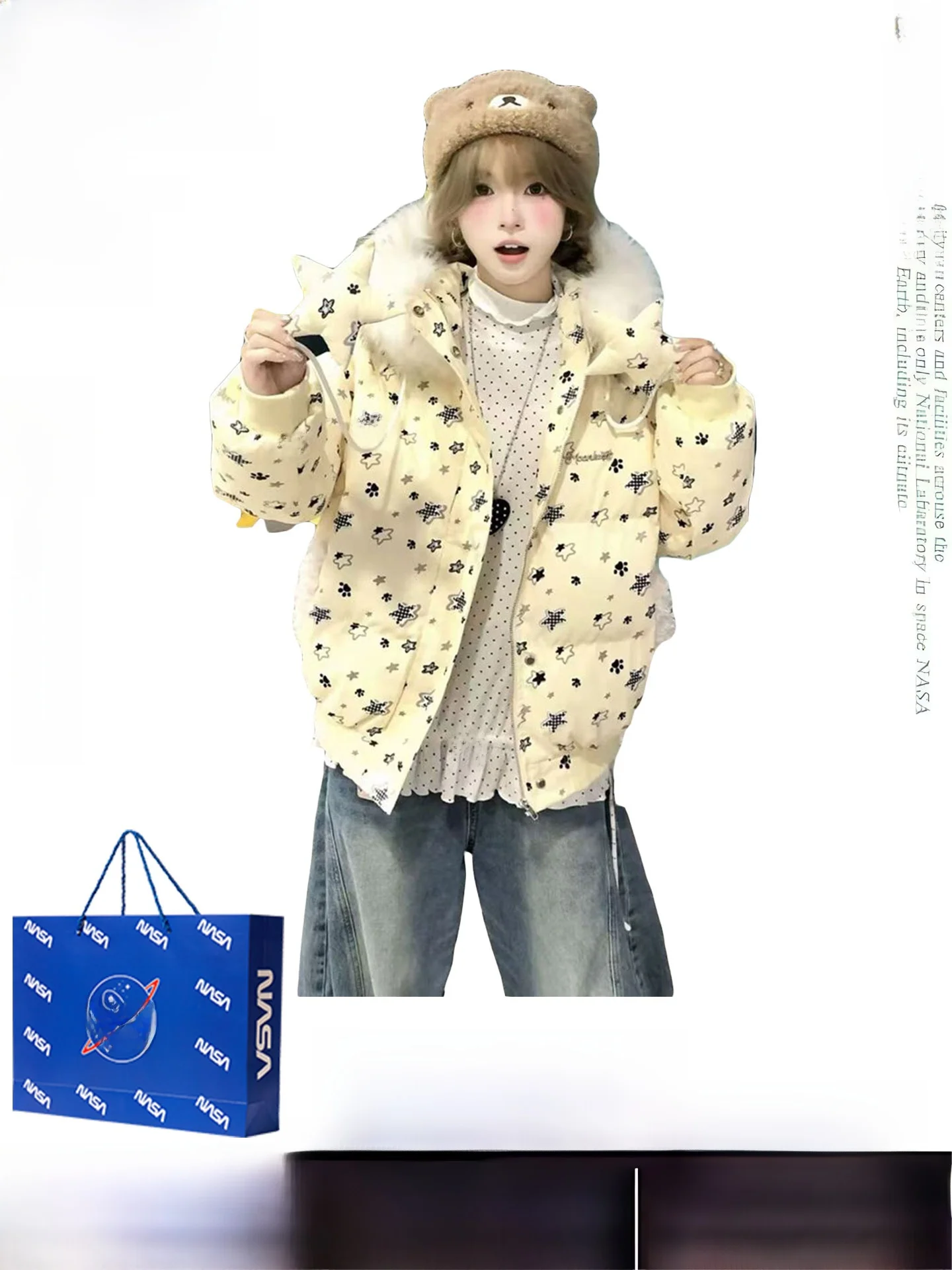 

Sweet Cute Cartoon Collar Hooded Cotton Jacket Women's Winter College Style Loose Casual Cotton Padded Thickened Coat