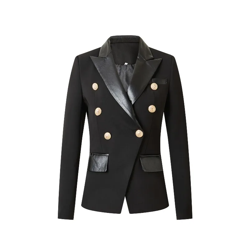 Double-breasted solid color black slim-fitting European and American suit collar temperament commuting thin suit