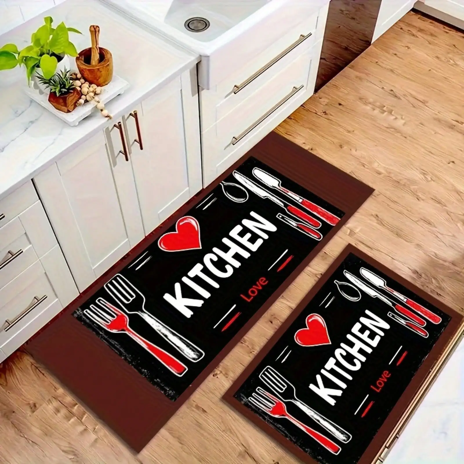 Kitchen Utensils Door Mat - Chef Tool Print Rug, Red Heart Entrance Mat, Black Kitchen Floor Mat, Non-Slip, Multiple Sizes