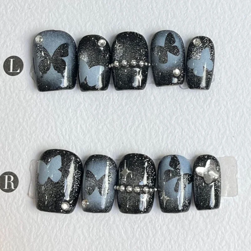 Uñas postizas cortas y calientes, uñas postizas con diseño de estrellas de Metal teñidas, Halo negro, Y2K, 10 piezas