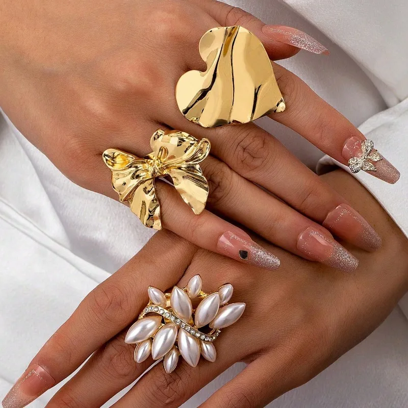 Conjunto de anillos Vintage de geometría Irregular para vacaciones en la playa, elementos de estrella de mar/concha/lazo/corazón/perla para joyería de verano para mujer M538