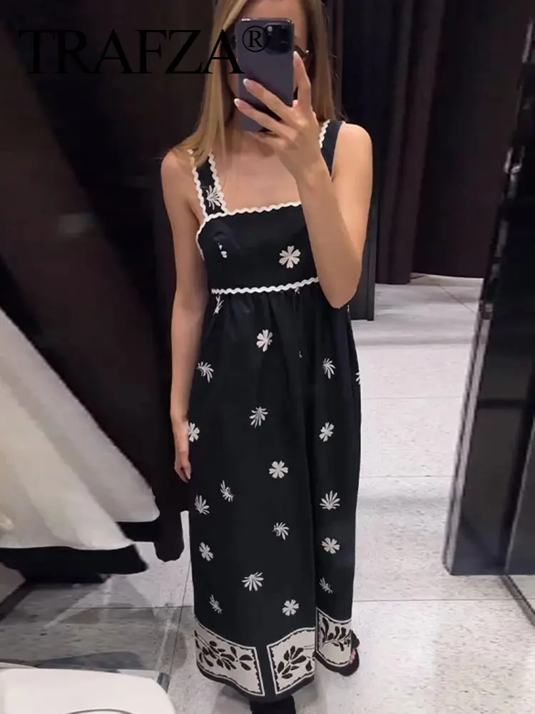 TRAFZA Summer Print Dress For Women 2024 Square Collar Sleeveless Backless Loose Long Dresses Beach Style Elegant Woman Dress