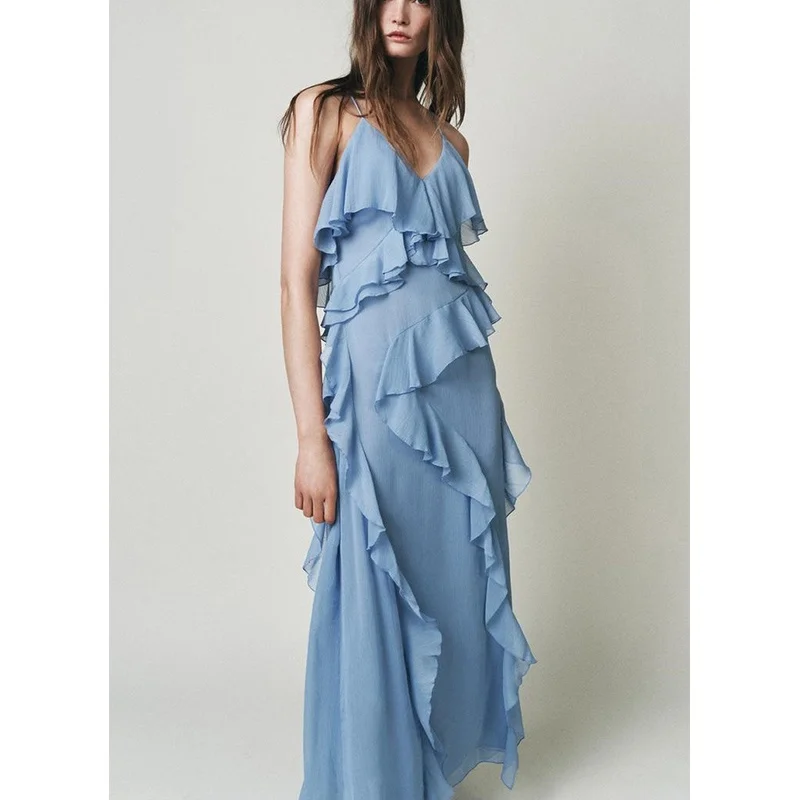 Novo Vestido Longo F de Verão para Praia e Férias, Estilo E com Decote em V, Sem Mangas, Decoração em Camadas, ...