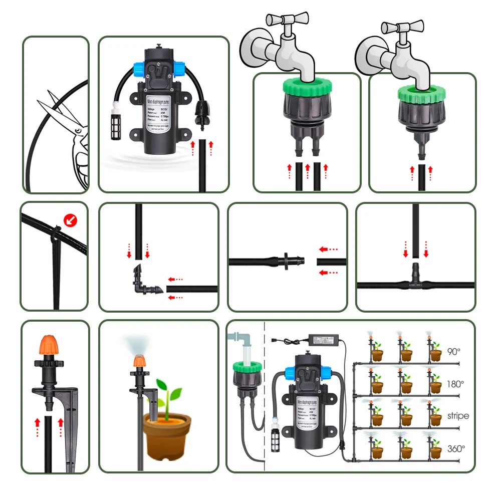 45-100W samozasysająca membranowa pompa wodna zestaw do nawadniania ogród cieplarnianych System nawadniania 90 180 ° 360 ° zraszacz na stosie