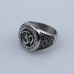 Om Aum Yoga Buddhist Meditation 316L Stainless Steel Amulet Mens Talisman Jewelry Textured Hindu Band Ring