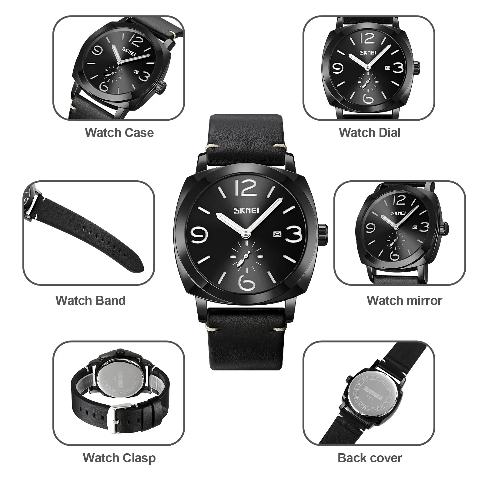 SKMEI-reloj de pulsera de cuarzo para hombre, cronógrafo deportivo con correa de cuero genuino, marca de lujo, fecha y hora Simple, 9305