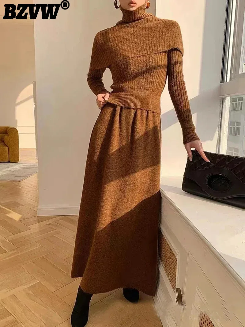 BZVW Hig-end Knited Two-piece Set Women's Turtleneck Long Sleeves Shawl Sweater With Elastic Waist Skirt 2024 Autumn New 25Z1378