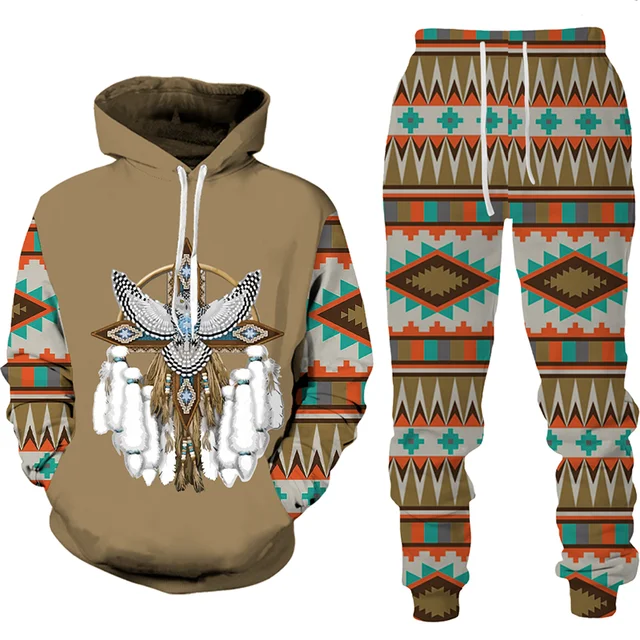 Men’s Hoodies Set Indian Style 3D Printed Man Tracksuit Sets Casual  Hoodie+Pants 2pcs Sets Oversized Autumn Retro Sweatshirt