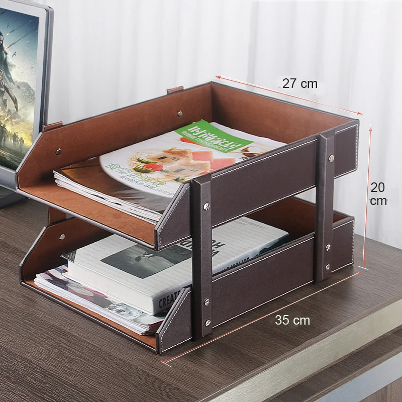 double-layer A4 detachable office wooden leather document magazine rack tray file organizer holder filing paper box brown 212B