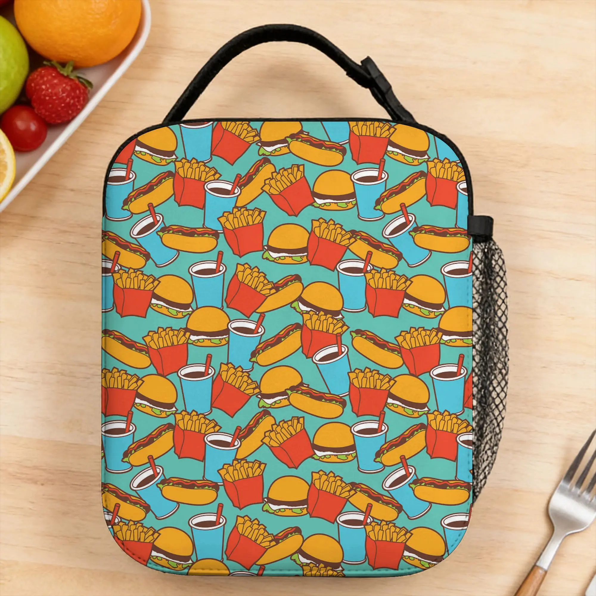 cute kawaii fast food meal print Lunch Bag For Unisex  Custom Travel Lunch Box Fun Portable Insulated Oxford Cooler Bag