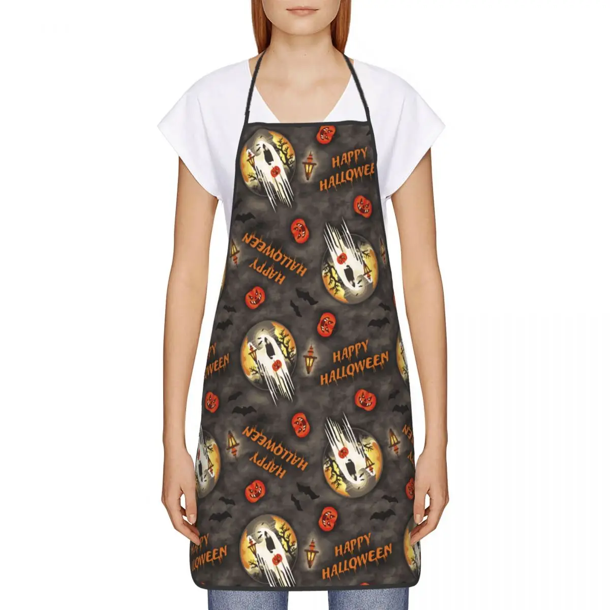 Happy Halloween Moonlit Haunt Funny Aprons for Men Women Adult Unisex Kitchen Chef Bib Tablier Cuisine Cooking Baking Gardening