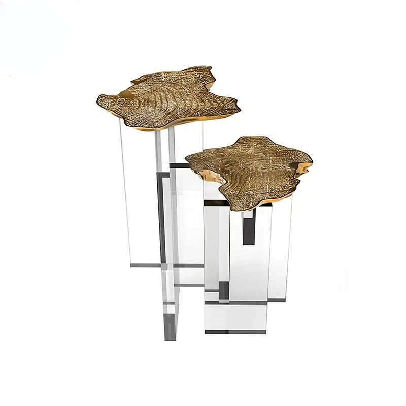 

Light luxury art acrylic, brass coffee table villa living room, creative side table next to the sofa