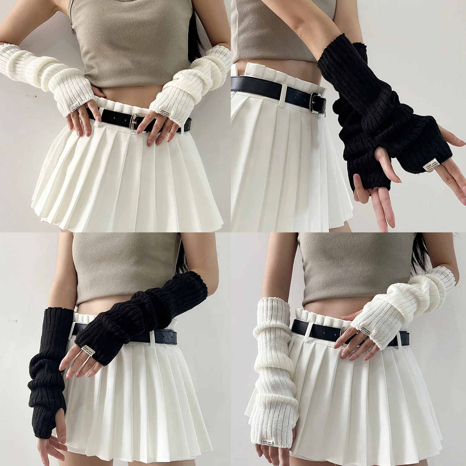 JK Lolita Cosplay Girls Fingerless Gloves Arm Warmers Goth Women Knitted Y2k Kawaii Black Hand Work Gloves Ankle Wrist Sleeves