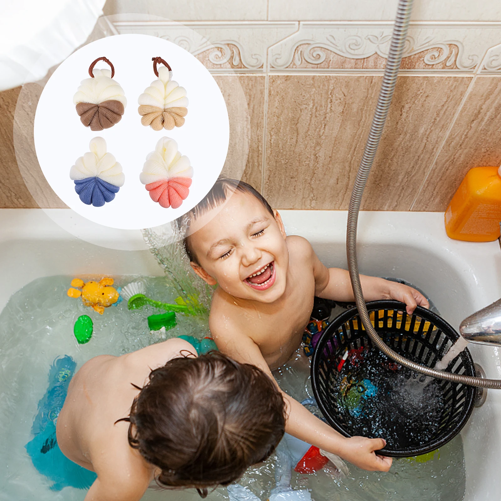 

4pcs Bath Shower Loofahs Mesh Pouf Exfoliating Body Scrubber Ball Skin Cleaning Pore Cleansing Hang Dry Travel Home Use Bath