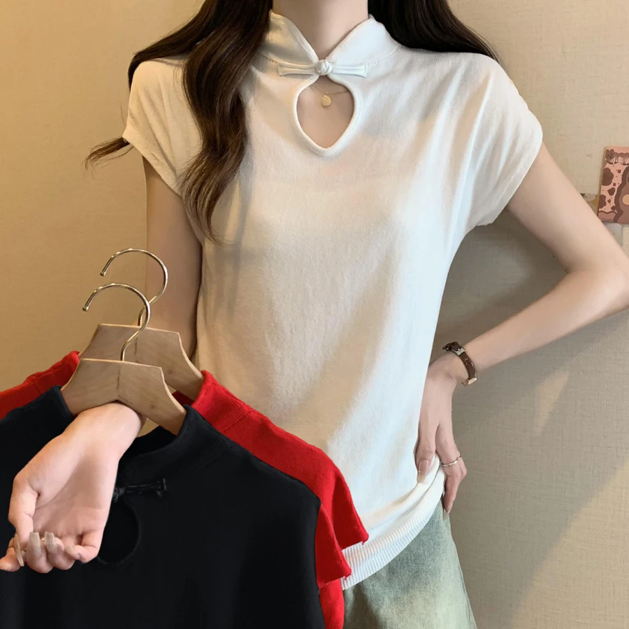 여성용 니트 스웨터 신상 반팔 니트 스웨터 여성용 풀오버 스탠드 칼라 니트 스웨터 풀오버 여성용 상의 니트웨어 Q2744