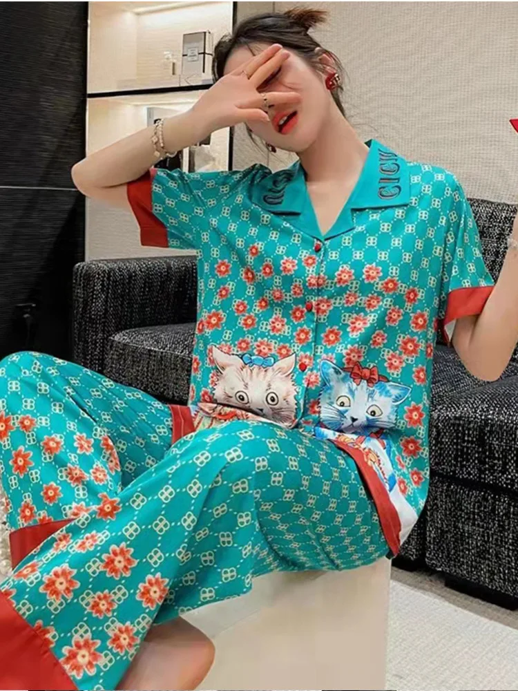 

2024 Summer New Style Pajamas Women Ice Silk Korean Version Tiktok Net Red Fashion Short Sleeved Trousers Home Clothes Set