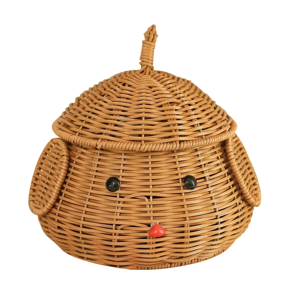 

Dog Shape Woven Storage Basket Desktop Lid Handmade Container Large Capacity Fruit Snack Organizer Cute Basket with Lid