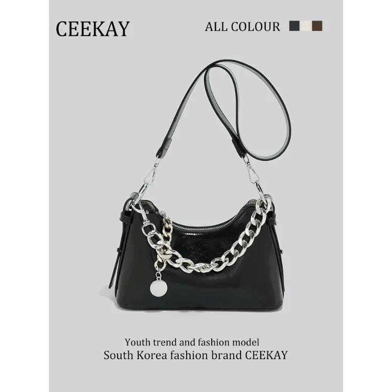 

Новая сумка CEEKAY Crescent 2026 года, глянцевая сумка через плечо из вощеной кожи, женская сумка с декором из толстой цепи, идеально подходит для повседневного использования и работы