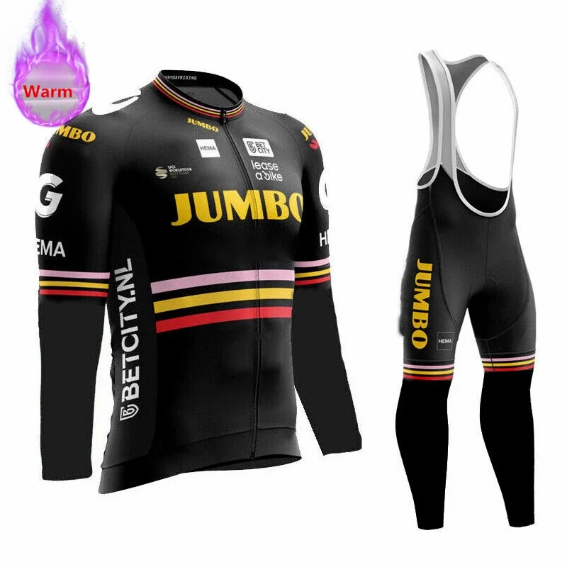 Jumbo Team Winter Long Sleeve Thermal Fleece Cycling Jersey Set Bib Pants Ropa Ciclismo Bicycle Clothing MTB Bike Jersey Uniform