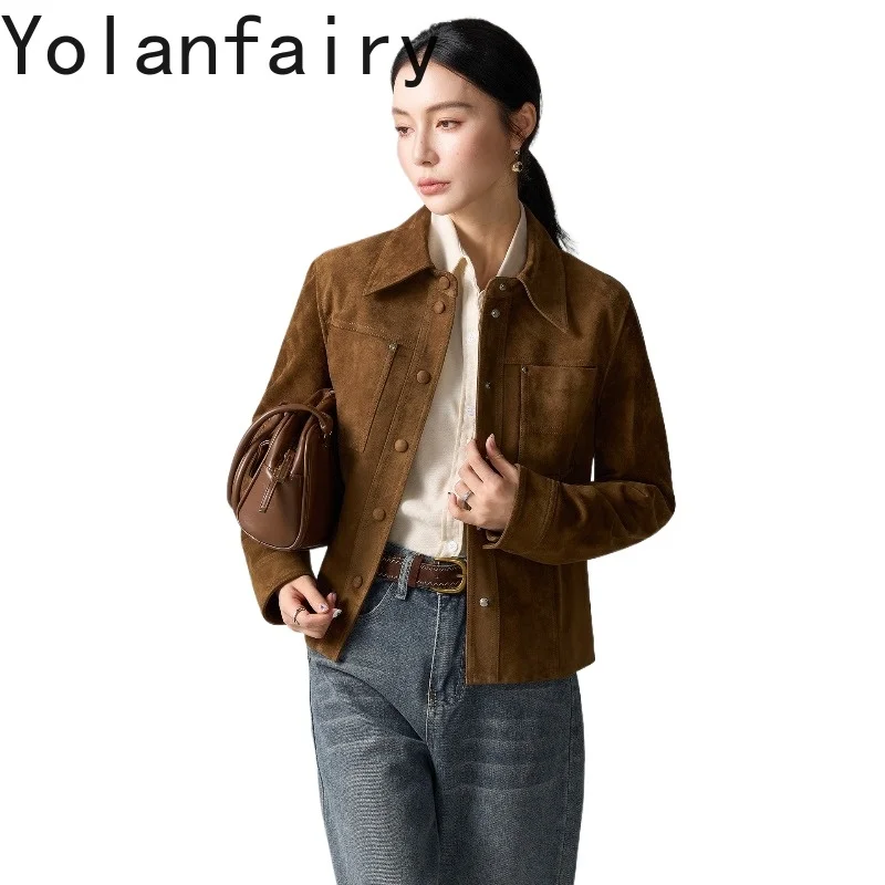 YOLANFAIRY Suede Sheepskin 100% Genuine Leather Jacket Women Clothing High Quality Woman Leather Coats Vintage Brown 레더 자켓 여자