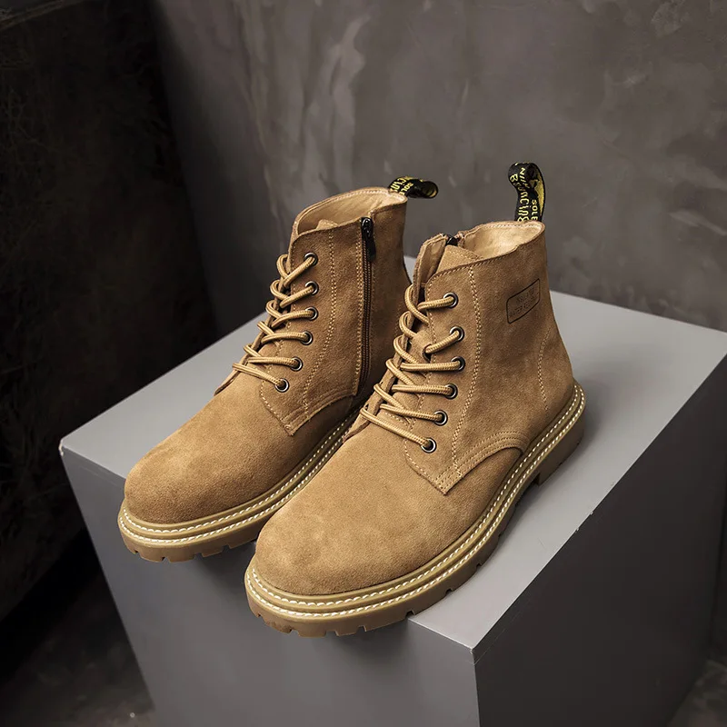 Men's leather boots for autumn and winter  new high top British men's boots cow suede inner height increasing men's shoes