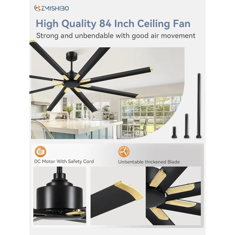 84 Inch Industrial DC Motor Ceiling Fan, Large Ceiling Fan with 8 Reversible Blades, 3 Downrods, 6-Speed Remote Control